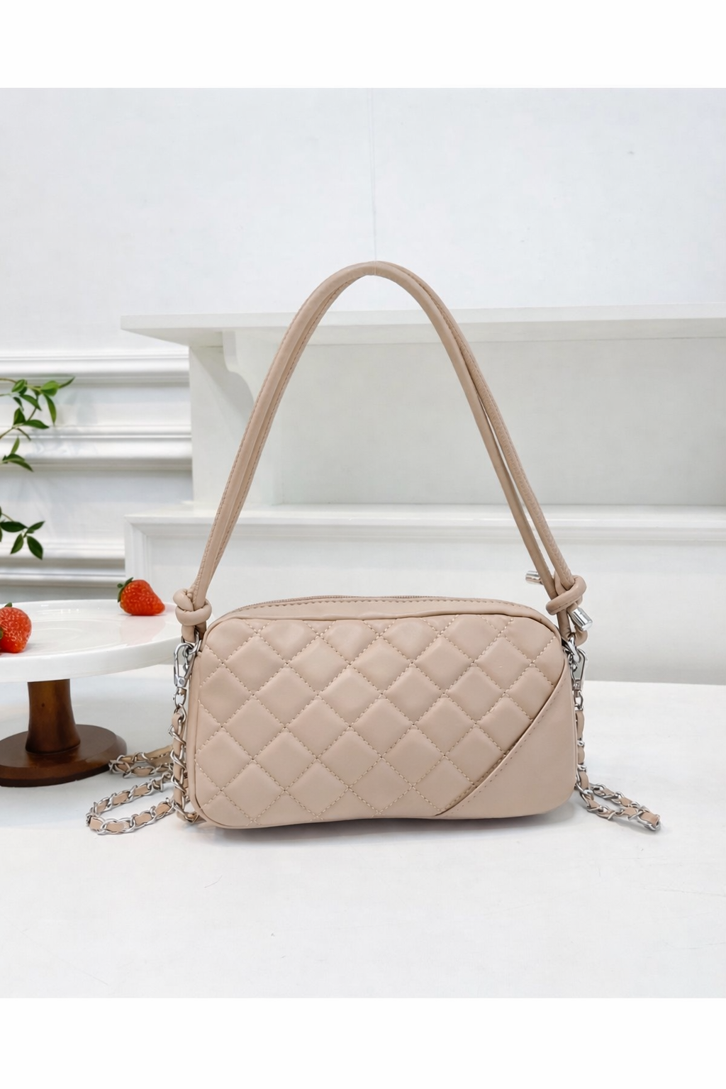 Beige Quilted Handbag with Silver Chain & Accents (#5)