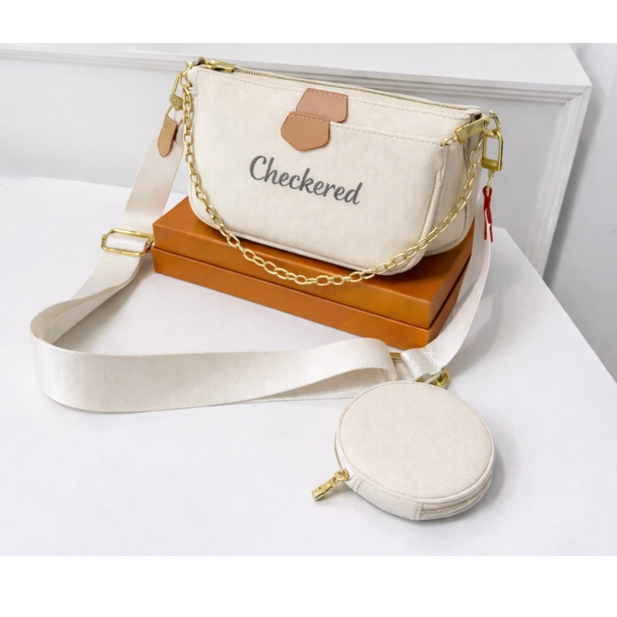 3 pc. White Checkered Crossbody Bag with White Strap (#15)
